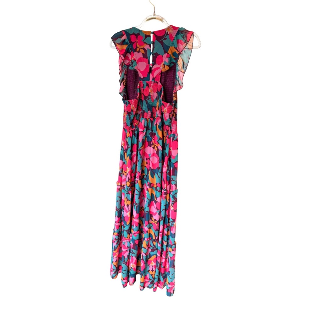 Melloday Maxi Dress Floral Smocked Tiered Ruffle Flutter Sleeve V-Neck - Picture 2 of 8